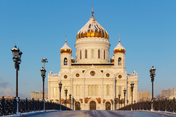 Fototapeta na wymiar Facade of Cathedral of Christ the Saviour in Moscow. View from Patriarshiy Bridge