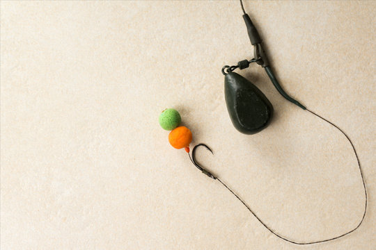 Baits, hooks, sinkers, ledcor, fishing tackle for carp fishing in collection. Copy paste