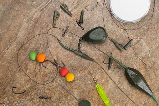 Baits, hooks, sinkers, ledcor is preparing for carp fishing. Copy paste