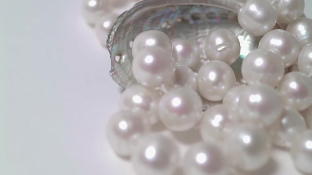 Natural pearls close-up in the shell of a clam. Smooth motion and rotation