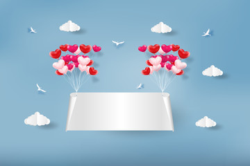 Blank banner with many heart shaped balloons floating in sky, paper art style, flat-style vector illustration.