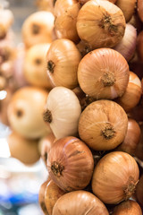 Onions sold at Mercado da Graca in Ponta Delgada on the island of Sao Miguel, Portugal