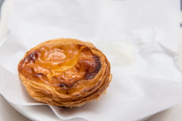 Pastel de Nata served in coffee shop in Ponta Delgada on the island of Sao Miguel in the Azores, Portugal