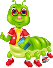 funny caterpillar cartoon posing bring bag with smile and thumb up