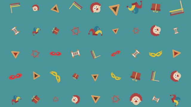 Purim holiday flat design animation background with traditional symbols
