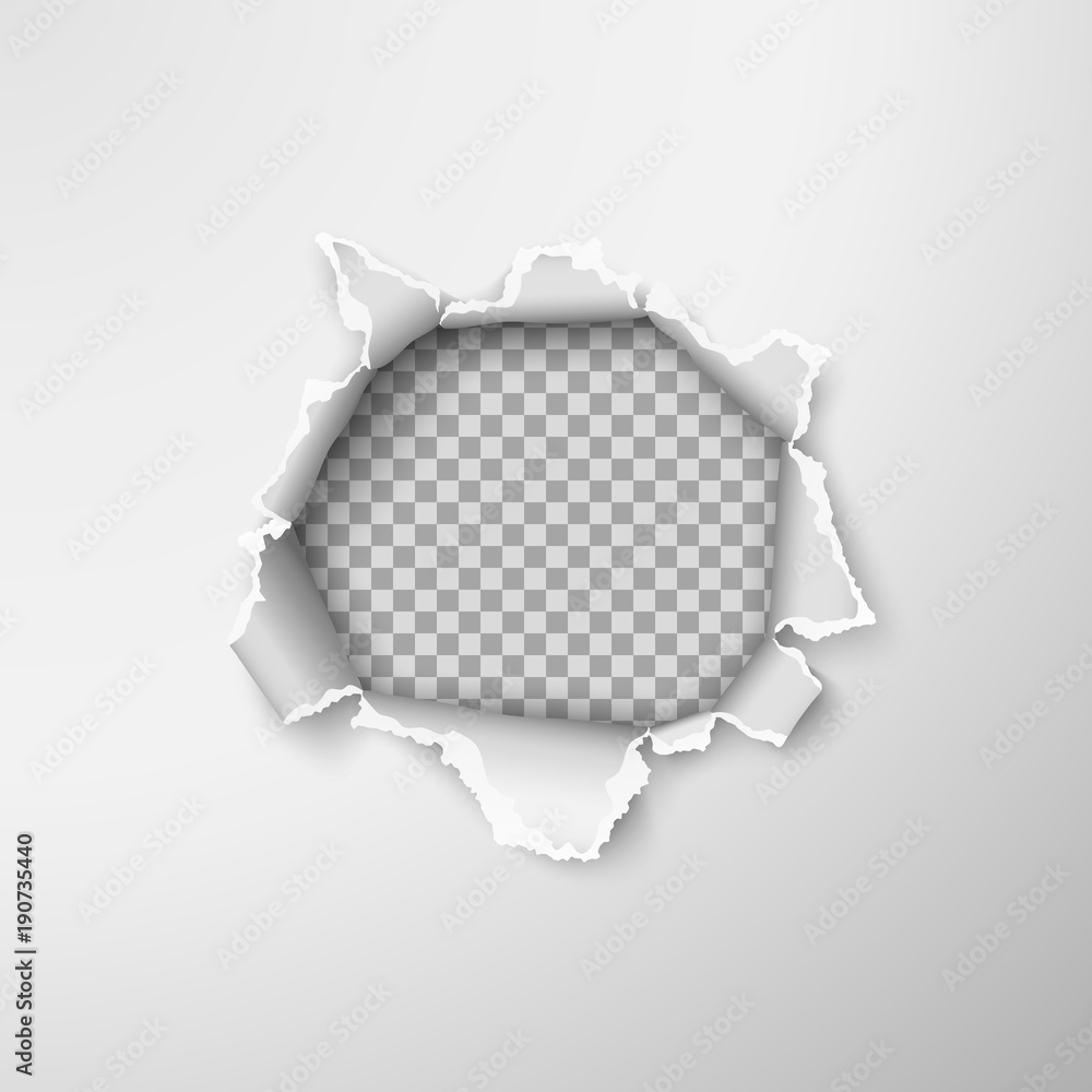 Poster hole in empty paper sheet. rough torn paper edges. vector illustration on transparent background