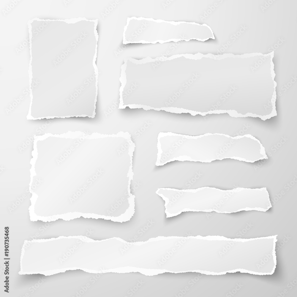 Poster set of torn paper pieces. scrap paper. object strip with shadow isolated on gray background. vector 