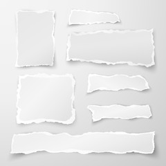 Set of torn paper pieces. Scrap paper. Object strip with shadow isolated on gray background. Vector illustration - obrazy, fototapety, plakaty
