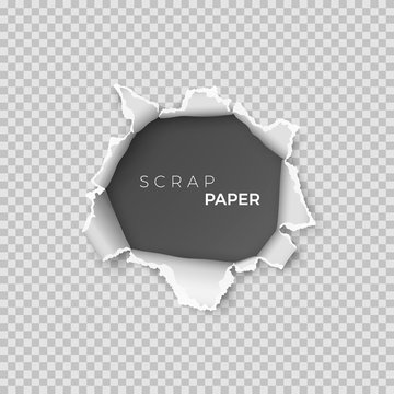 Sheet of paper with hole inside. Template realistic page of  scrap paper with rough edge for banner. Vector illustration isolated on transparent background