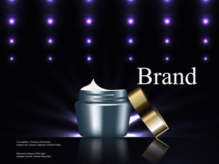 Cosmetics, cream on a dark background with bright lights, luxury, advertising, catalog, poster, 3d vector realistic