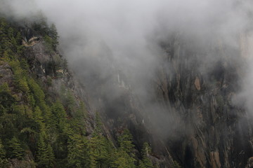 Mysitc and foggy early morning view from Tiger Nest Mountain monastery 