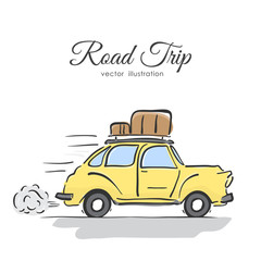 Hand-drawing isolated yellow retro car with luggage on the roof on white background.