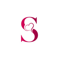 S letter logo with heart icon, valentines day concept