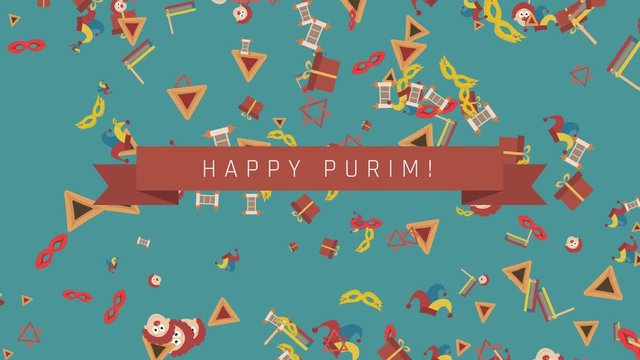 Purim holiday flat design animation background with traditional symbols and english text