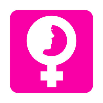 Icono plano simbolo femenino con cara de mujer en cuadrado rosa