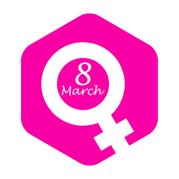 Icono plano 8 March y simbolo femenino en hexagono rosa