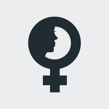 Icono plano simbolo femenino con cara de mujer en fondo gris
