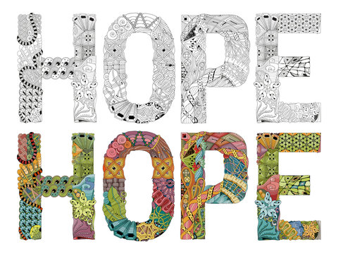 Word HOPE zentangle for coloring. Vector decorative object