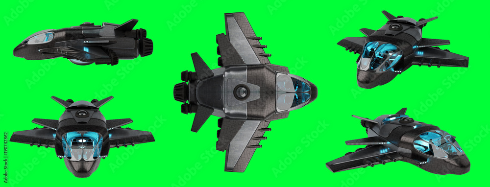 Aufkleber Futuristic spacecraft collection isolated on green background 3D rendering