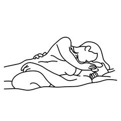 outline naked couple kissing on bed vector illustration sketch hand drawn with black lines, isolated on white background