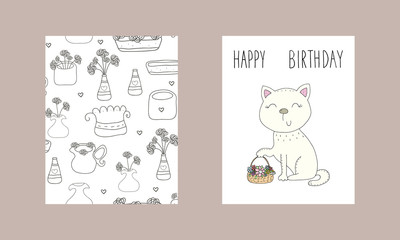 Cute hand drawn card with cat print and flowers. Printable templates