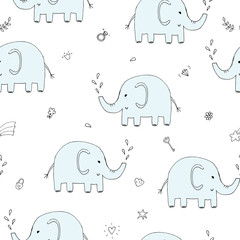 Cute seamless pattern with funny elephant. vector illustration