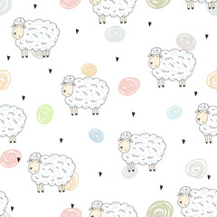 Cute seamless pattern with funny sheep. vector illustration