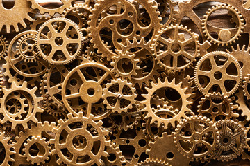 Various metal cogwheels and gear wheels