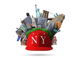 Naklejka premium New York collage with the sights and red cap