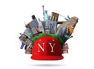 Gordijnen New York collage with the sights and red cap © Zarya Maxim