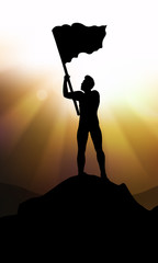 Silhouette of man with flag on mountain. Leadership illustration