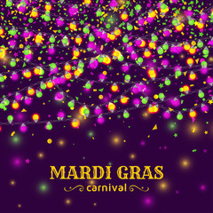 Mardi Gras carnival background with light lamps garlands. Stock vector illustration.