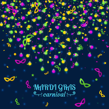 Mardi Gras carnival background with light lamps garlands. Stock vector illustration.