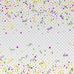 Mardi Gras carnival confetti seamless background. Traditional colors yellow, purple, green. Stock vector illustration