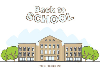 Hand drawn cartoon school building with trees on white background.