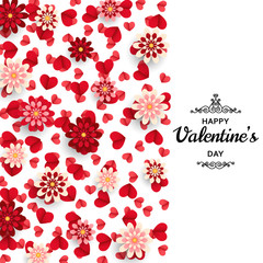 Fototapeta na wymiar Happy Valentine Day background. Good design template for banner, greeting card, flyer. Paper art flowers and hearts. Vector illustration.