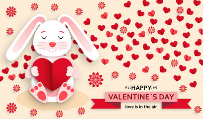 Happy Valentine Day background. Good design template for banner, greeting card, flyer. Paper art bunny, flowers and hearts. Vector illustration.