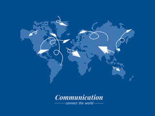 World Communication. Dark blue bitmap. Paper rockets communicate people around the world. Vector template for website, design, cover, annual reports.