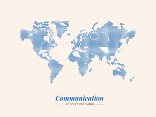 World Communication. Light blue bitmap. Paper rockets communicate people around the world. Vector template for website, design, cover, annual reports.
