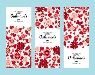 Happy Valentine Day background. Good design template for banner, greeting card, flyer. Paper art flowers and hearts. Vector illustration.
