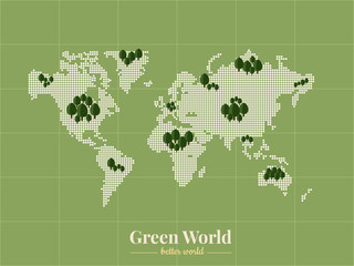 Green World to a Better World. Bitmap of world and green areas around the world. Vector template for website, design, cover, annual reports.