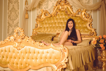 Dissatisfied shocked woman in bed. Poor service in hotels, disappointed client