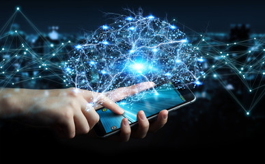 Businessman using digital x-ray human brain interface 3D rendering