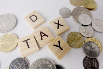 TAX DAY CONCEPT: Wooden letter of TAX DAY arranged with coins on white background.