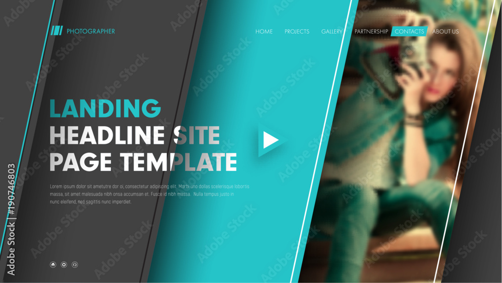 Poster Template header site with diagonal black and blue lines and a place for a photo.