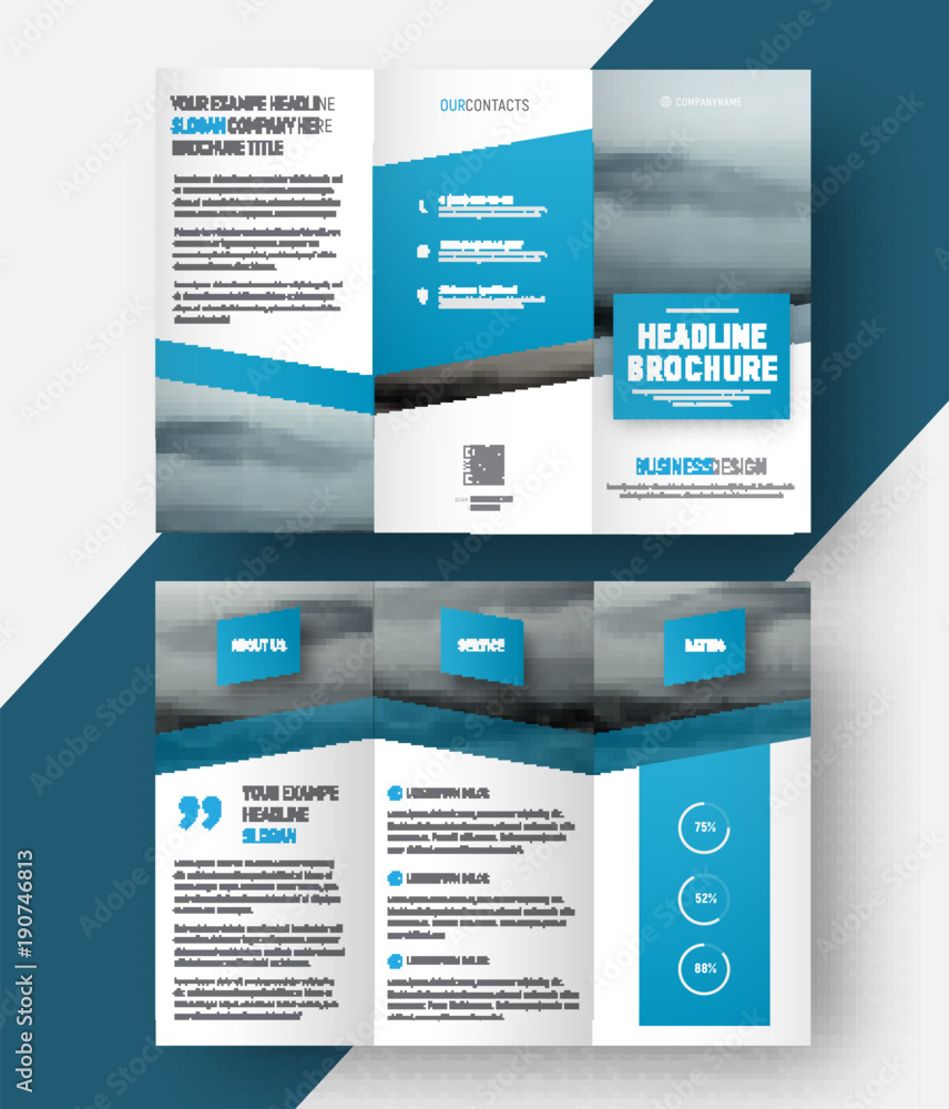Poster Design a tri-fold brochure with a place for the photo, diagonal elements and a floating rectangle for the title.