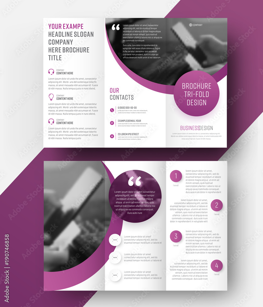 Poster Template vector tri-fold brochure with a place for photo, semicircular and round elements.