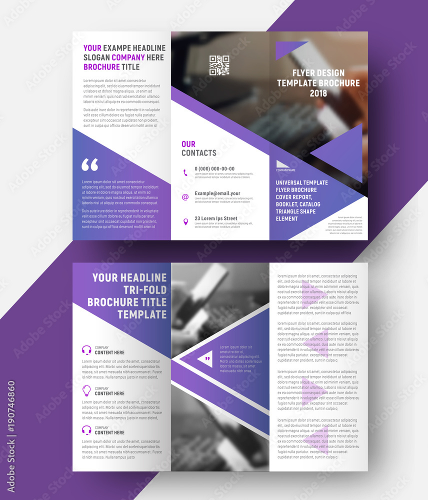 Aufkleber vector template of a three-fold brochure with a place for a photo, and triangular purple elements.