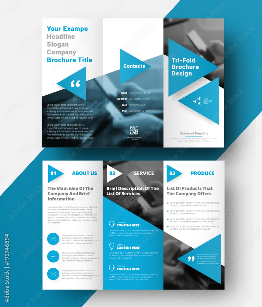 Poster vector tri-fold brochure with a place for photos, diagonal elements and blue triangles for headings 