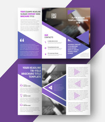 vector template of a three-fold brochure with a place for a photo, and triangular purple elements.